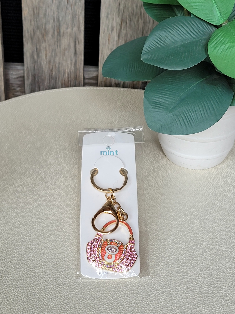 Mint Pink Rhinestone Handbag Key & Bsg Charm with Gold Ring